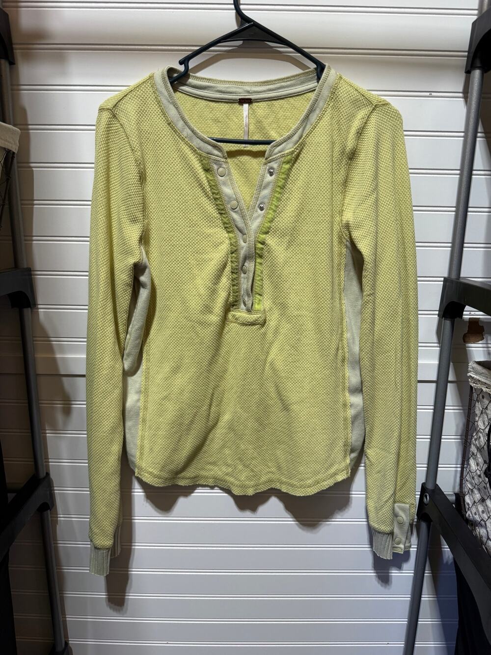 Free People Carly Thermal Waffle Knit Long Sleeve Half Snap Top Size L